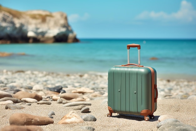 Красочный чемодан на пляже