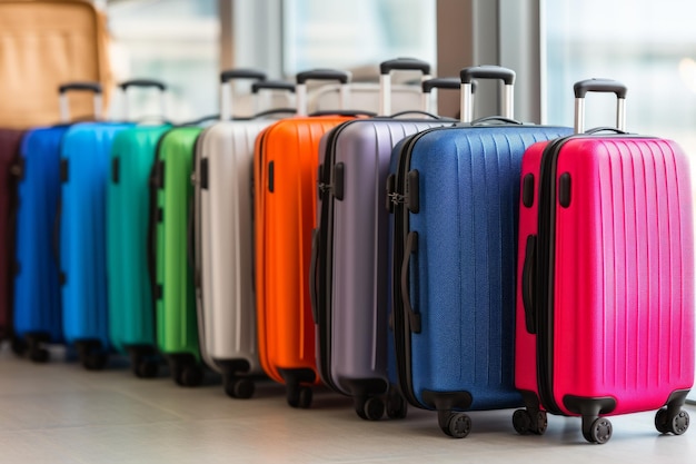Colorful suitcases at airport travelers hand luggage airport terminal awaits departure flight
