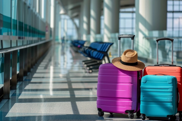 여행 중 비행 전 현대 공항 터미널 에서 트롤리 에 배치 된 다채로운 가방 과 모자