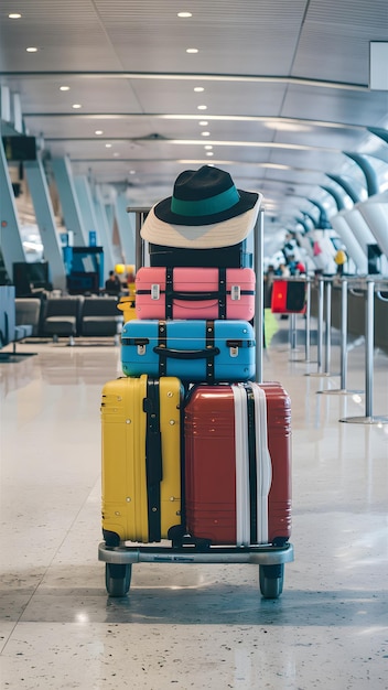 Colorful Suitcases and Hat on Trolley in Modern Airport Terminal Vertical Mobile Wallpaper