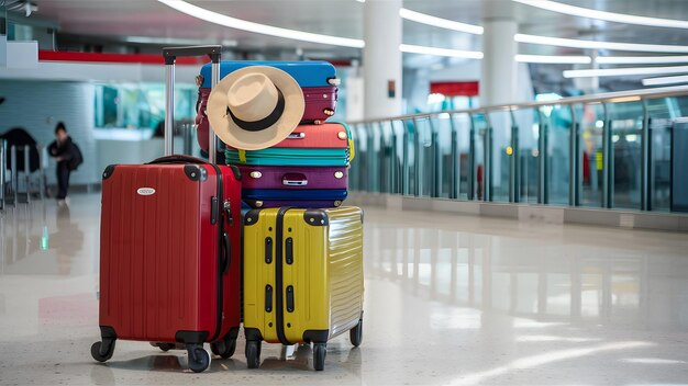 Colorful Suitcases and Hat on Trolley in Modern Airport Terminal