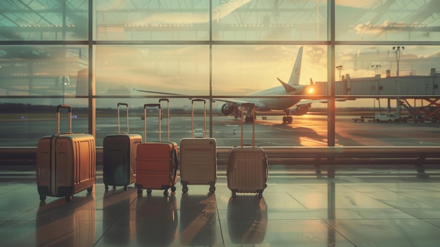 Colorful suitcases standing in a row in airport near window with view on plane sunset time