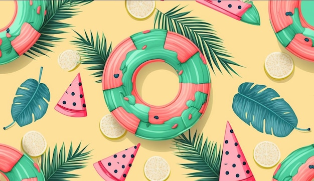 A colorful summer background with a circle in the middle and a watermelon ring on the bottom.