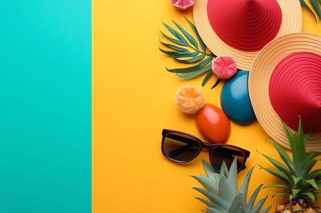 Colorful summer beach accessories on a yellow and blue background