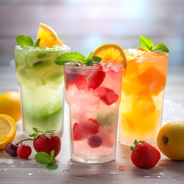 Colorful summer cocktails on a nature background on a sunny day