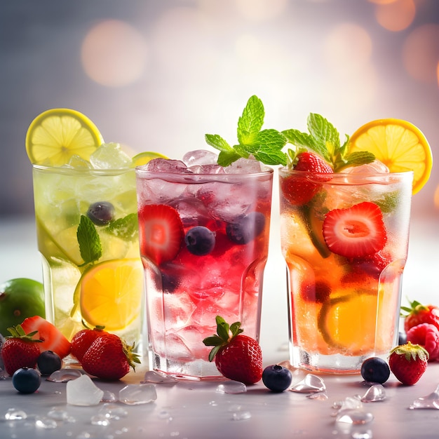 Colorful summer cocktails on a nature background on a sunny day