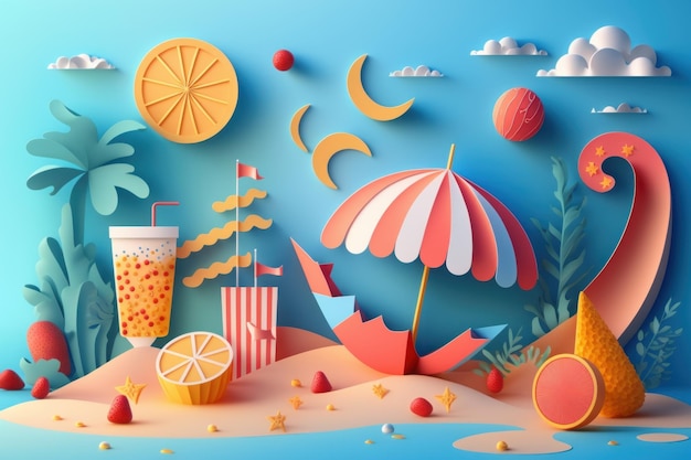 Colorful Summer festive time background in paper craft style Generative AI