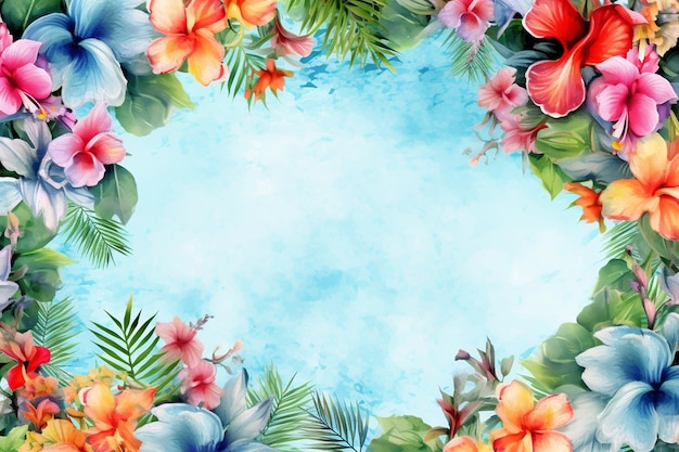 Colorful summer flowers tropical floral frame mysterious background