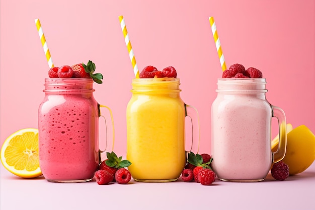 Colorful summer fruit smoothies in jars on pink background healthy detox and diet concept