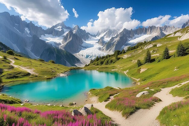 Photo colorful summer panorama of the lac blanc lake with mont blanc monte bianco on background chamonix location beautiful outdoor scene in vallon de berard nature reserve graian alps france europe