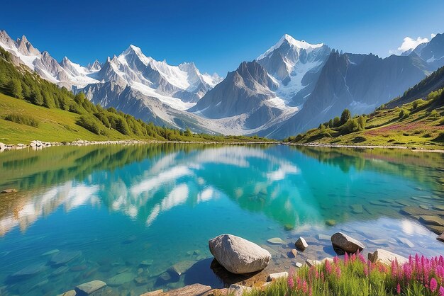 라크 블랑 호수 (Lac Blanc Lake) 의 다채로운 여름 파노라마, 몽블랑 (Mont-Blanc) 과 샤모니 (Chamonix) 의 배경으로 아름다운 야외 풍경, 발론 드 베라드 (Vallon de Berard) 자연 보호구역, 그라이안 알프스 (Alpes Graïennes), 프랑스, 유럽