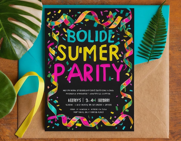 Photo colorful summer party invitation with vibrant design and confetti details on a wooden surface
