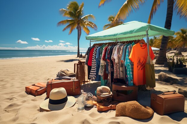 Красочная летняя распродажа на песчаном пляже включает в себя разнообразную одежду на стойке и множество стильных багажей с спокойным океаном на заднем плане.