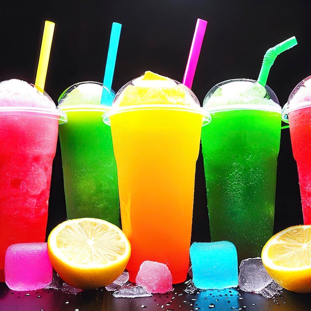 Colorful summer slushies on black background