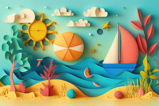 Colorful Summer time background with tropical sea Paper craft style generative AI