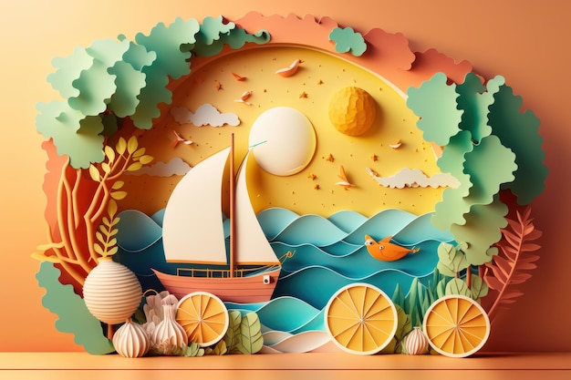 Colorful Summer time background with tropical sea Paper craft style generative AI