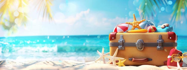 Colorful summer travel background with suitcase full of beach and vacation accessories on the sandy shore copy space for text bright sunny day Travel concept