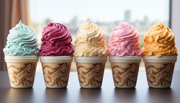 Foto un colorato cono di gelato estivo con gelato alla fragola generato dall'ai