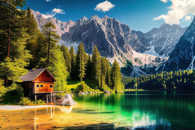 Colorful summer view of Fusine lake Bright morning scene of Julian Alps with Mangart peak on