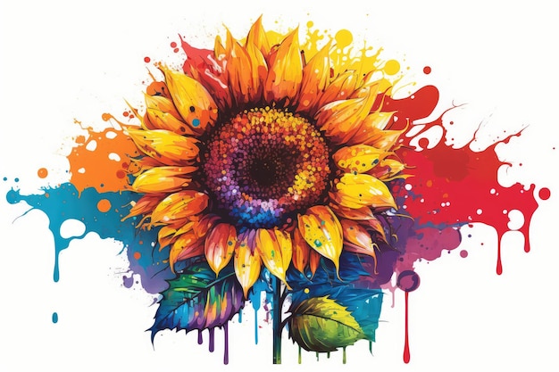 Colorful sunflower watercolor painting with splash for summer background