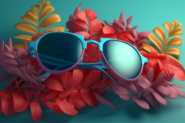 A colorful sunglasses with a blue frame sits on a bright blue background