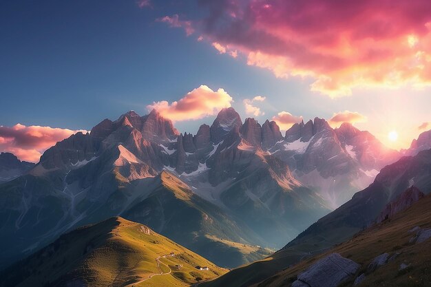 イタリア・フランス・アルプスの壮大な山頂の後ろのカラフルな日光