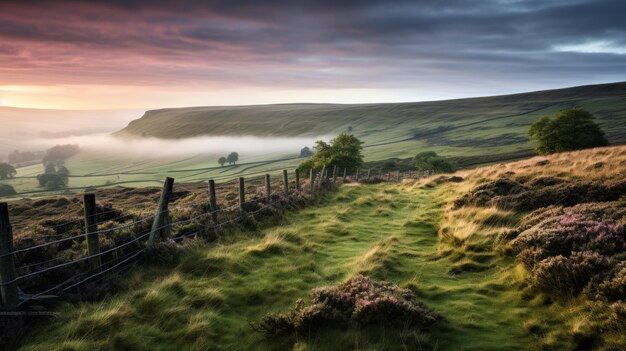 Foto l'alba colorata con vista sulle valli dello yorkshire paesaggio marrone e verde nebbioso