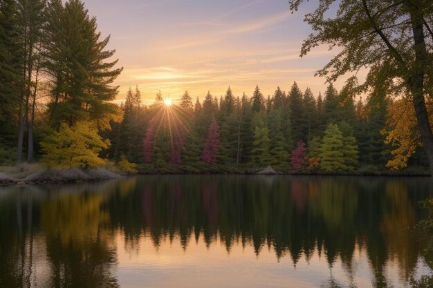 Colorful sunrise on a small lake near the village