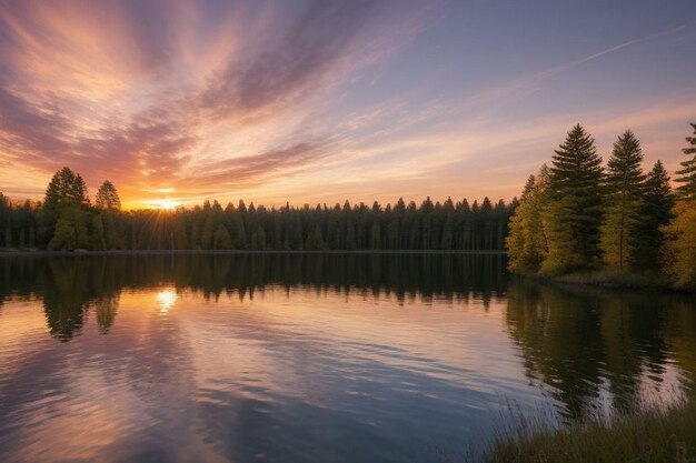 Colorful sunrise on a small lake near the village