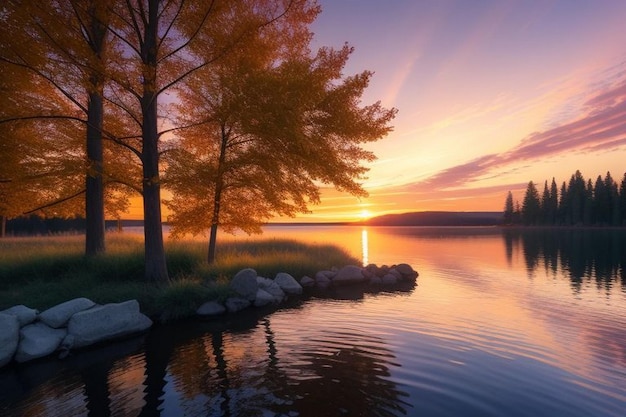 Foto alba colorata su un piccolo lago vicino al villaggio