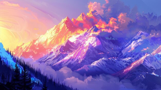 A colorful sunrise over snowcapped mountains casting a warm glow over icy peaks and valleys