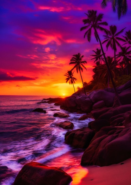 Colorful sunset on the beach with coconut trees and rocks as a photo frame