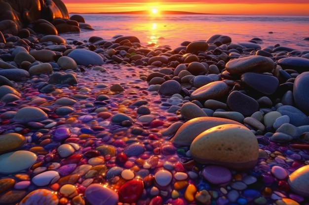 A colorful sunset over a beach with a colorful pebbles and a large number of stones.