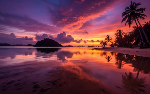 A colorful sunset over a beach with palm trees and a mountain in the background.