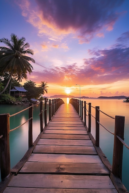 Colorful sunset on the bridge of dream at koh mak island trat province thailand