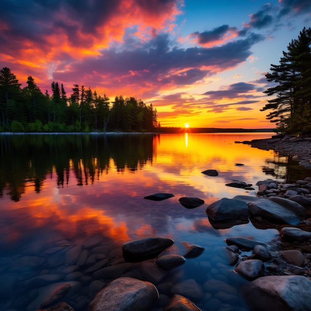 A colorful sunset over a calm lake