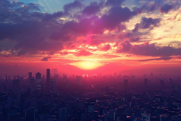 A colorful sunset over a city skyline