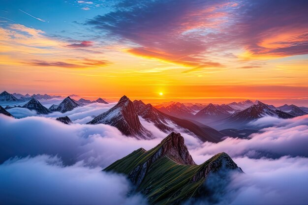 写真 雲のある山のカラフルな夕日