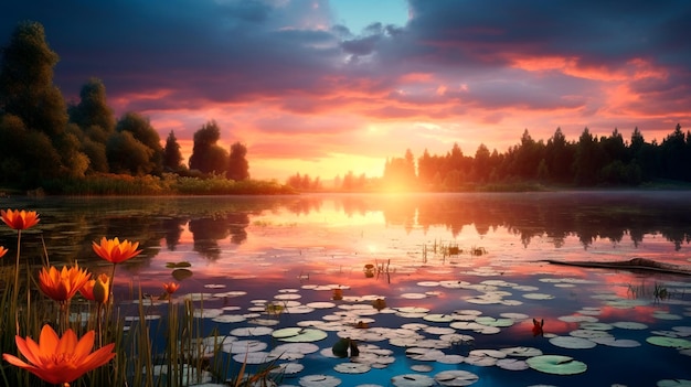 Красочный закат на озере, командная работа Генеративный ИИ