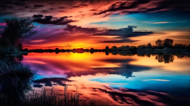 A colorful sunset over a lake with a colorful sky and clouds.