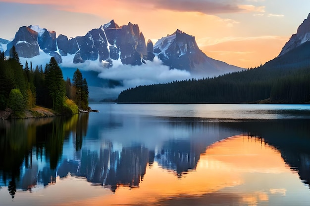 山を背景に湖に沈む色鮮やかな夕日。