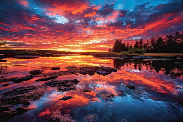 A colorful sunset over a lake with rocks and a lake in the foreground