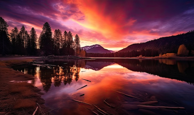 a colorful sunset over a lake
