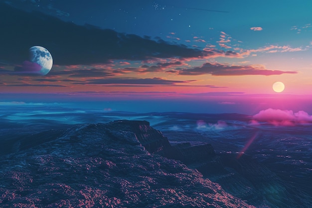 Photo a colorful sunset over a moonlit landscape