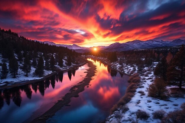 a colorful sunset over a mountain lake