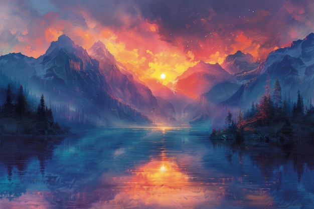 colorful sunset over mountain landscape