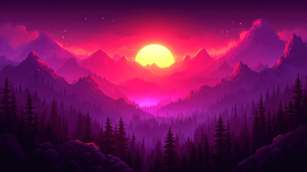 A colorful sunset over a mountain range with trees ai