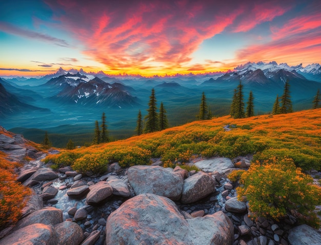 A colorful sunset over a mountain range