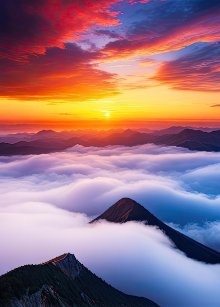 Colorful sunset in mountains with clouds