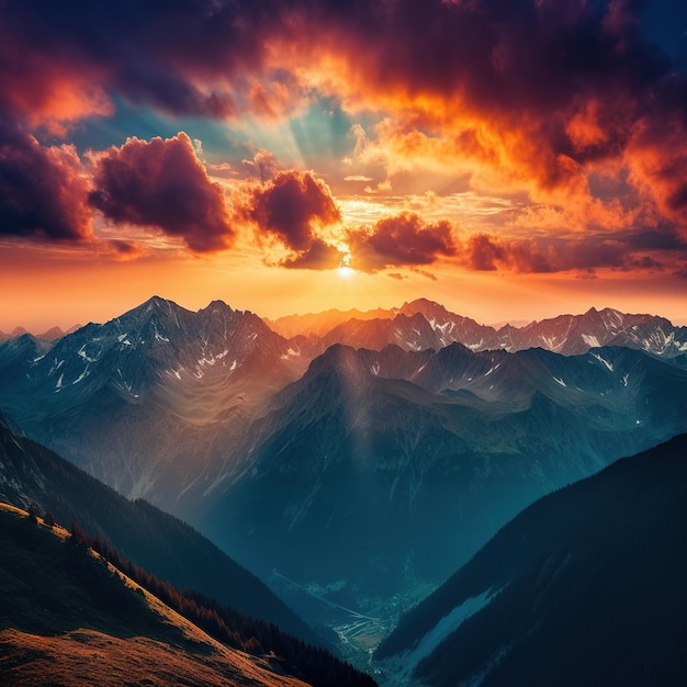 colorful sunset in mountains with clouds